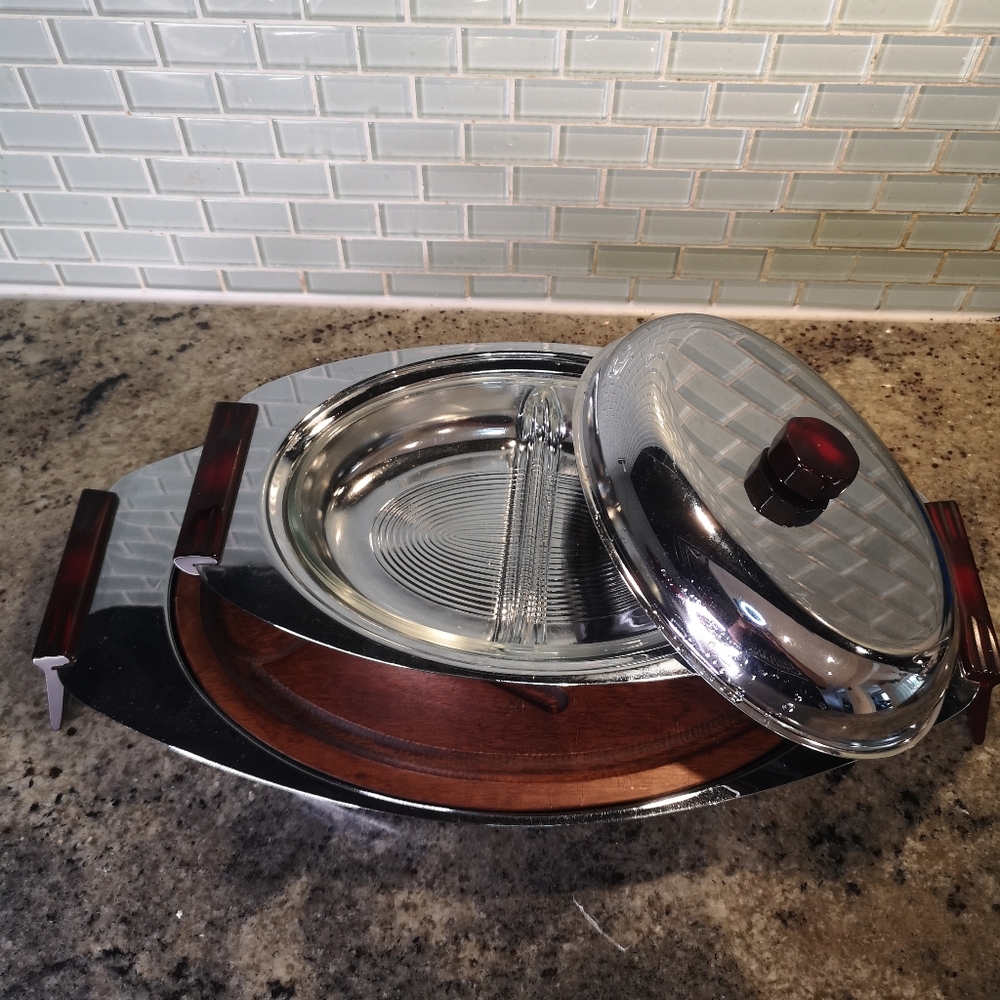 MCM Glo-Hill Canada Chrome Cherry Red Bakelite Oval Lidded Dish & Serving Tray